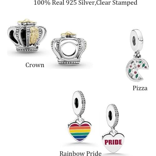 100% Real 925 Sterling Silver Women Jewelry Pizza Dangles Crown Charm Rainbow Heart Beads Fits Original Bracelets Bangle For DIY