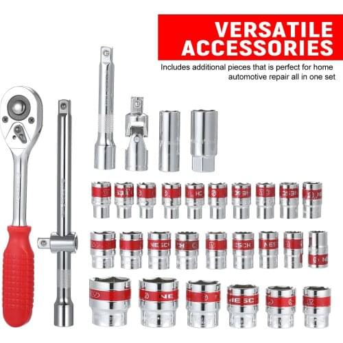 32pcs 1/2-Inch Socket Set Car Repair Tool Quick Release Ratchet Wrench Set with Extension Bars Universal Joint Heavy Duty