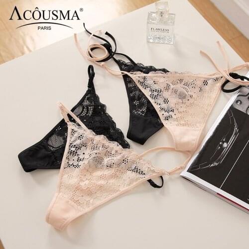 ACOUSMA Sexy Women G-String Floral Lace Hollow Out Panties Lace Up Adjustable Buckle Ladies T Back Thongs Panty Seamless 2Colors