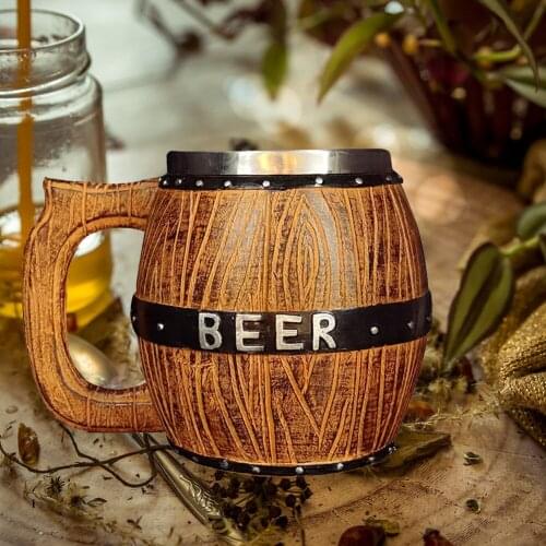 Large Capacity Wood Barrel Tankard Bucket Shaped Beer Bucket Cup Drinkware Stainless Steel Tankard Cocktail Mugs Bar Home Drink