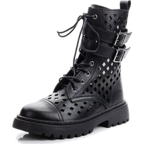 Breathable Hollow Out Mesh Summer Ankle Boots Women Zipper Lace Up Casual Low Heels Short Martin Booties Platform Black