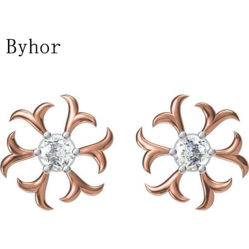 Byhor Solid 14K White/Yellow+White/Rose+White Gold 0.33ct H/SI Natural Diamonds Flower Stud Earrings Women Cерьги Fine Jewelry