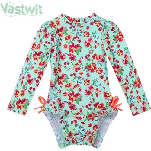Infant Baby Girl One-piece Swimwear Long Sleeves Floral Printed Swimsuit Bikini Kids Girl Bathing Swim Suit Beachwear Rash Guard