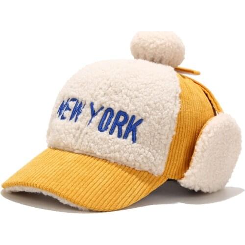 Childrens hat winter girls lamb fur cap corduroy color matching boys baseball caps winter baby warm hats ear caps