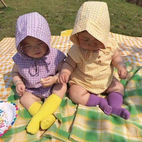 2021 Baby New Jumpsuits Cute Pullover Lattice Cotton Boys and Girls Suspender Sleeveless Climbing Suit with Hat