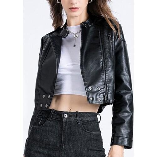 Shnsophi Spring Autumn Women Short Pu Leather Jacket Streetwear Female Moto Biker Sexy Ladies Slim Black Rivet Zipper Outerwear