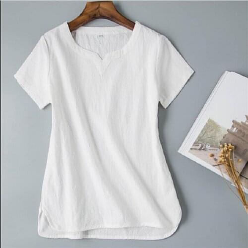 ASHIOFU Hot Homemade Womens T-shirt Contton&Linen Summer Shirt New 2021 Loose V-neck Fashion Short-sleeved T-shirts Lady Clothes