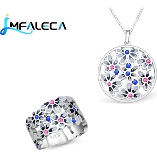 LMFALECA Enamel Charm 925 Sterling Silver Jewelry Set for Women Blue Sapphire Ruby Ring with Stone Necklace Chain Fine Jewelry