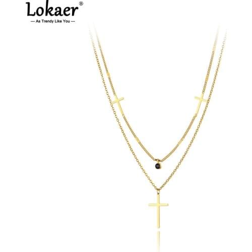 Lokaer Trendy Bohemia Stainless Steel Double-layer Black Crystal Choker Necklace Cross Pendant Jewelry For Women Цепочка N21061