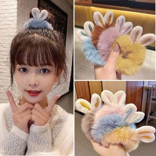 Cute Plush Bunny Hair Rope Soft Pompom Elastic Hair Scrunchies for Women Girls Fashion Rubber Bands Headwear Hair Accessories
