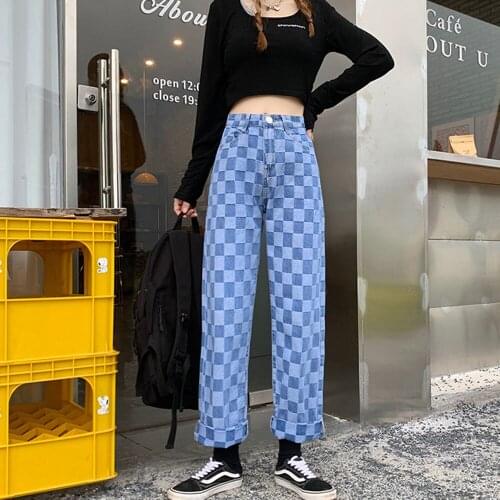 New Spring And Summer Retro Plaid Jeans Womens Straight Loose High Waist Was Thin Casual Long Fashion All-match Wide Leg Pants