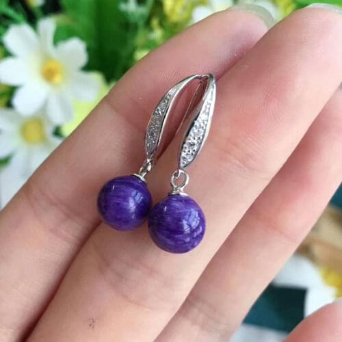 Natural Charoite Dangle Earrings Sterling 925 Silver Gemstone Jewelry for Woman Lady Wedding Party Gift