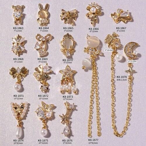 Nails Accessories Charms Luxury 3D Bow Flower Chain Pendant Metal Zircon Crystals Rhinestones Pearl Nail Art Jewelry Decorations