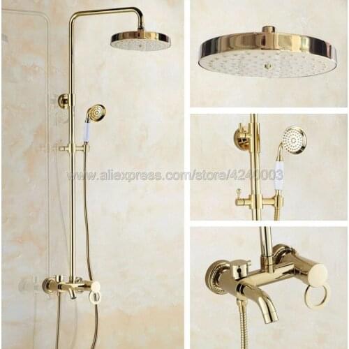 Luxury Gold Color Brass Bathroom Rain Shower Set Faucet Wall Mount Tub Mixer Tap with Handheld Shower Head Kgf415