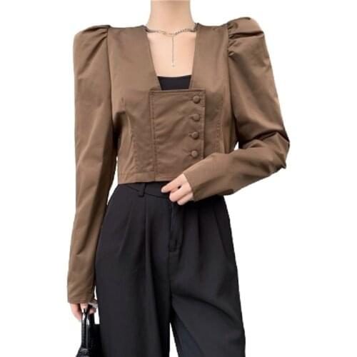 PERHAPS U High Street Autumn Causal Women Coffee Black Square Collar Puff Sleeve Single Breasted Asymmetrical Shirt Tops B3097