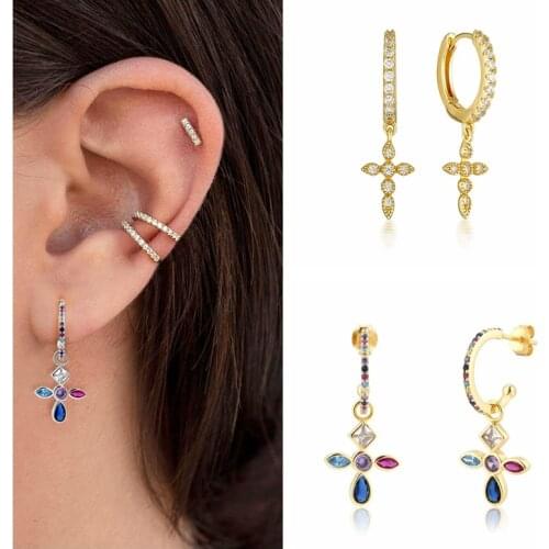 925 Sterling Silver Rainbow Zircon Cross Small Hoop Earrings for Women Simple Zircon Crystal Gold Silver Color Fashion Jewelry