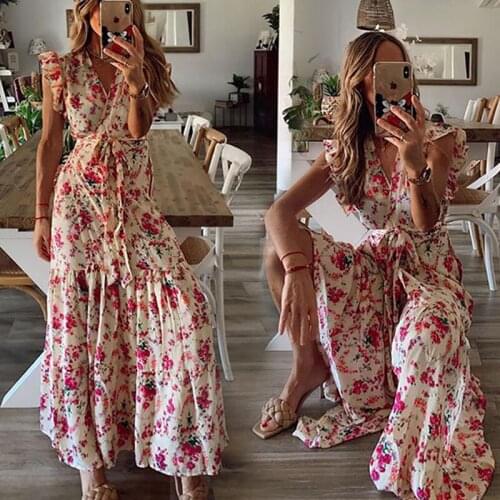 Boho Long Maxi Dresses for Women 2021 Vintage Floral Print Ruffles Dress Sexy V Neck Sleeveless Wrap Beach Dress Vestidos