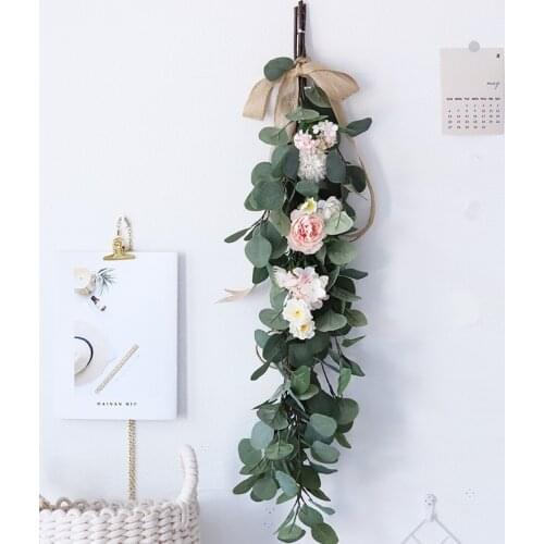 Green Artificial Eucalyptus Garland Leaves Vine Silk Leaf Fake Rattan Artificial Plants Ivy Wreath Wall Hanging Wedding Decor