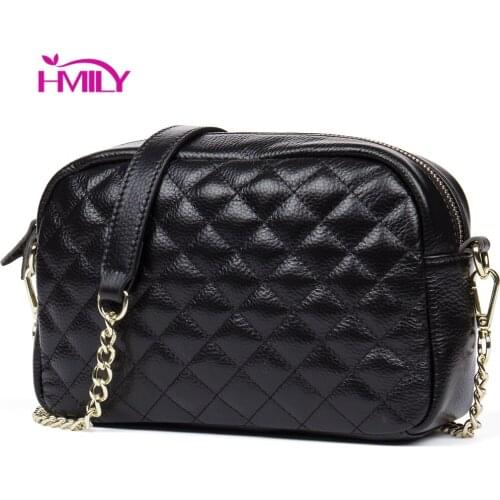 HMILY Genuine Leather Women Messenger Bag Plaid ladies Crossbody Bag Chain Trendy Cowskin Small Shopping Daily Shoulder Bag