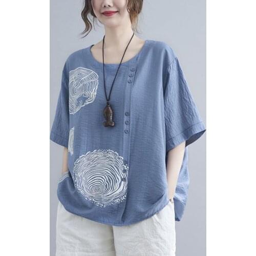 Oversized Women Cotton Linen Casual T-shirts New Arrival 2021 Summer Simple Style Vintage Print Loose Female Tops Tees S3641