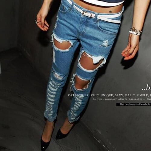 Women vintage holes Ripped jeans trousers Female Retro denim capris European Fashion Casual pants clothing