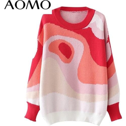 AOMO Women 2021 High Street Knitted Sweater Jumper O Neck Female Elegant Oversize Pullovers Chic Tops QW74A