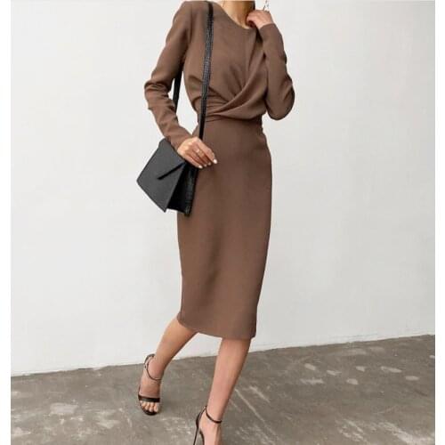 2021 Autumn New Temperament Ladies Dress Long-sleeved Round Neck High-waist Mid-length Package Hip Skirt Woman Clothing WE396