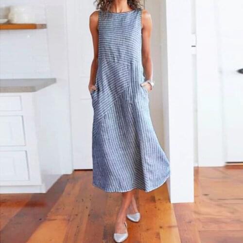 Women Striped Sleeveless Tank Dress O Neck Linen Pocket Long Dress Casual Summer Beach Dresses 2021 Womens Summer Sundresses