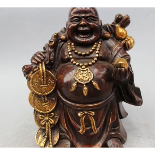 11" Chinese Bronze Gild Wealth Frog Moneybag Happy Laugh Maitreya Buddha Statue