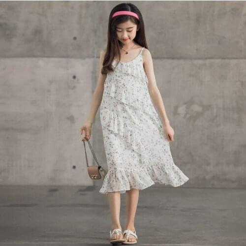 2021 Girls Summer Dress Elegant Children Dresses for Girl Sleeveless Floral Print Princess Dress Teen Kids Clothes Costume 6-16Y