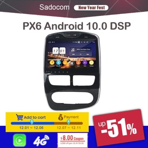 PX6 10.1" DSP Android 10.0 4GB RAM 8 Core 64GB ROM Car DVD Player For Renault Clio 2013-2016 GPS Glonass autoradio car radio 5.0