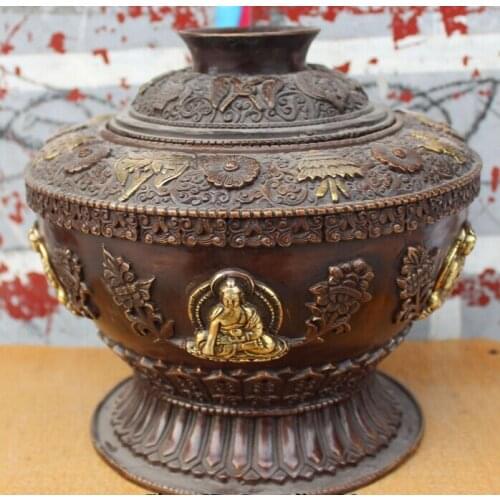 Bi001765 Tibet Buddhism Bronze Gilt 8 Auspicious Symbol Shakyamuni Buddha Pot Jar Crock