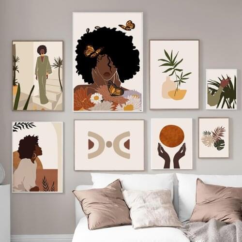 Boho Fashion Woman Butterfly Monstera Daisy Leaf Wall Art Canvas Painting Posters And Prints Wall Pictures For Living Room Decor