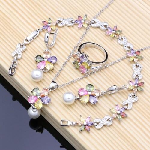 Flower Multicolor Zircon White Pearls 925 Silver Jewelry Sets For Women Wedding Earrings/Pendant/Ring/Bracelet/Necklace Set