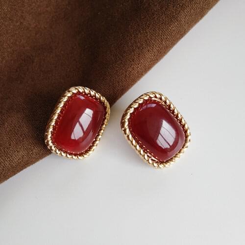 Elegant Red Square Big Earrings Clip Baroque Beautiful Geometric Earring for Women