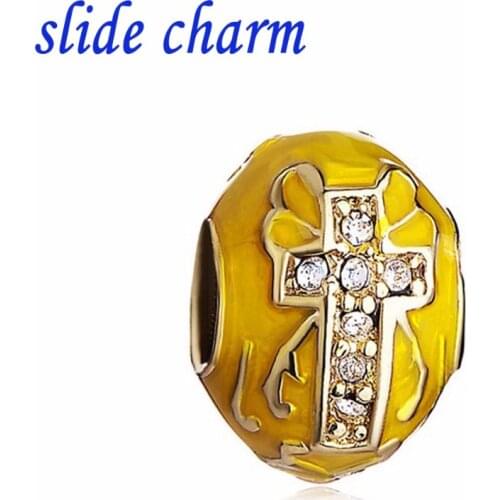 Slide charm Free shipping White Crystal Cross Yellow Egg charm beads fit Pandora bracelet