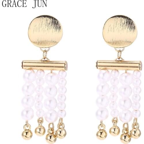 GRACE JUN Handmade Clip on Earrings Women Fashion Birthday Party Geometric Tassel Faux Pearl Cuff Earrings Statement Earrings