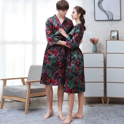 Couple Ice Silk Bathrobe Female Summer Thin Section Digital Printing Simulation Silk Nightgown Men Large Size Dressing Gown