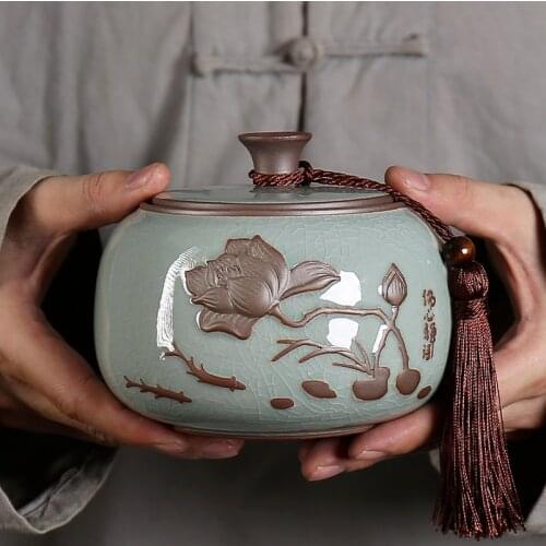 Celadon Tea Caddy Ceramic Sealed Pot Large Fresh-keeping Moisture-proof Stoneware Storage Tea Caddy Dried Fruit Storage Tank