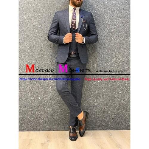 Classic Single Breasted Plaid Mens Suits Casual Slim Fit Wedding Blazer Grey Check Tuxedos 3 Pieces Sets (Jacket+Pants+Vest)