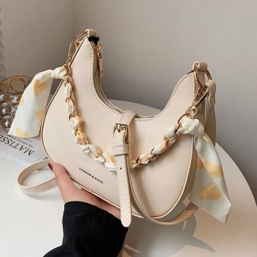 Small Half Moon PU Leather Baguette Armpit Crossbody Bag with Silk Scarf Handle for Women 2021 Chain Shoulder Handbags Female