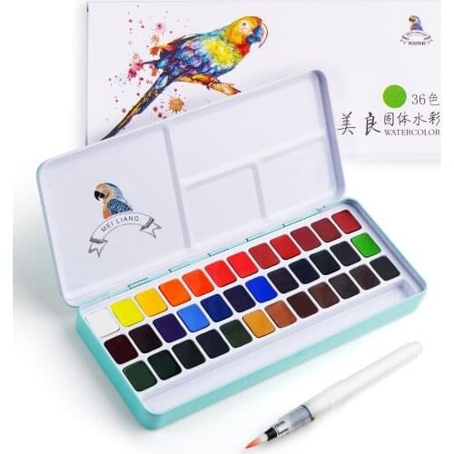 Meiliang 36 Colors Solid Watercolor Paint Set Not-toxic Paints Portable Metal Case with Palette and Art Paint Brushes