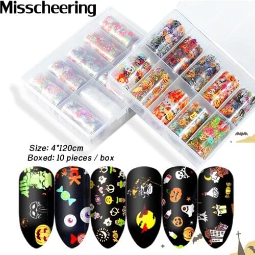 10Pcs Christmas Halloween Nail Foil Set Snowflake Pumpkin Skull Hat Transfer Nail Stickers Paper Holographic Nail Art Decoration