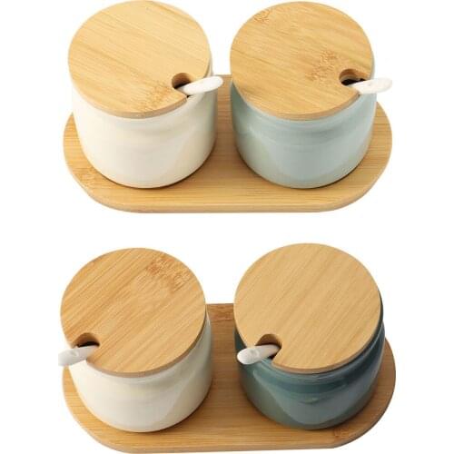 Set of 2 Sugar Bowl,300Ml Ceramic Spice Jar Seasoning Box Condiment Pots Salt Jar with Lid and Spoon for Kitchen