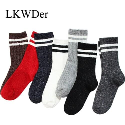 LKWDer 5 Pairs 2020 New Gold and Silver Silk Women Socks Striped Long Tube Female Socks Trend Kawaii College Wind Cotton Socks
