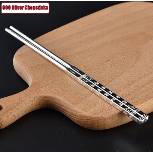 One Pair Pure Silver Solid Chopsticks Metal Square Chopsticks Quality Cutlery China 999 Silver Chopstick Flateware Sets Gift