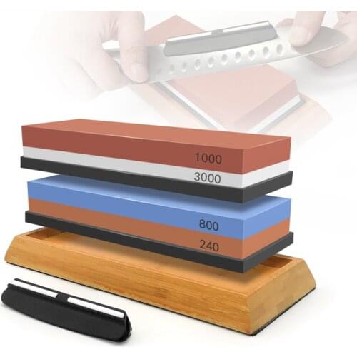 3in1 Professional Sharpening stones Knife sharpener Double-side Whetstone Grinder stone Watster stone Bamboo base Angle guide