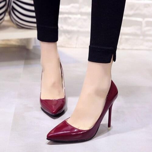 Pointed Toe Women Shoes Pumps Plus Size 34-40 Hot Patent Leather Dress High Heels Boat Wedding Zapatos Mujer Blue Wine Red