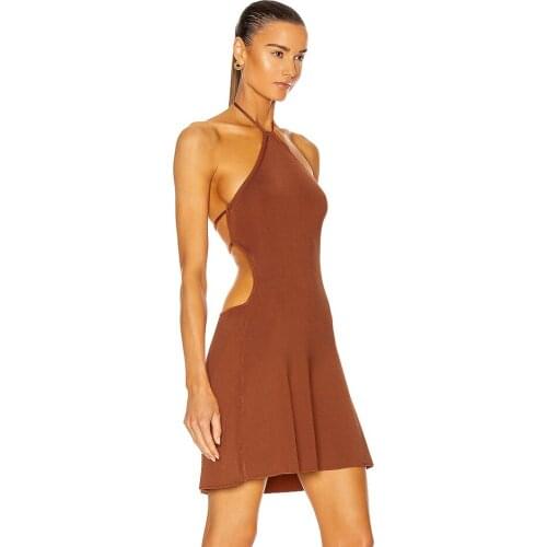 High Quality Ladies Bandage Dress Sexy Halter Hollow Backless Slim Brown A-line Dress 2021 Summer Womens New