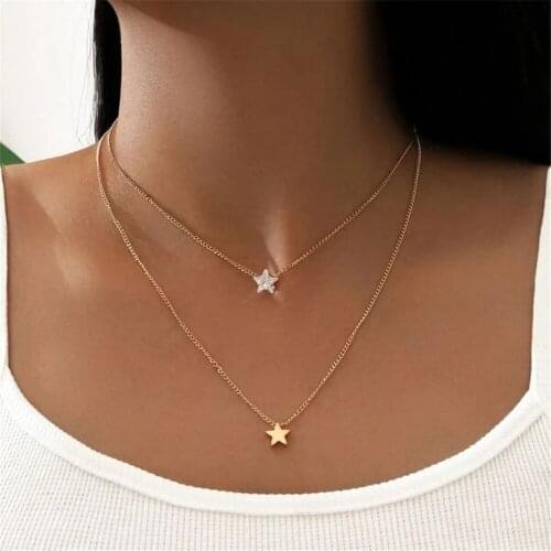 YC-UPGO 2021 Fashion Gold Simple Heart Shaped Moon Five-pointed Star Crystal Necklace For Women Vintage Female Chain Jewelry Gif